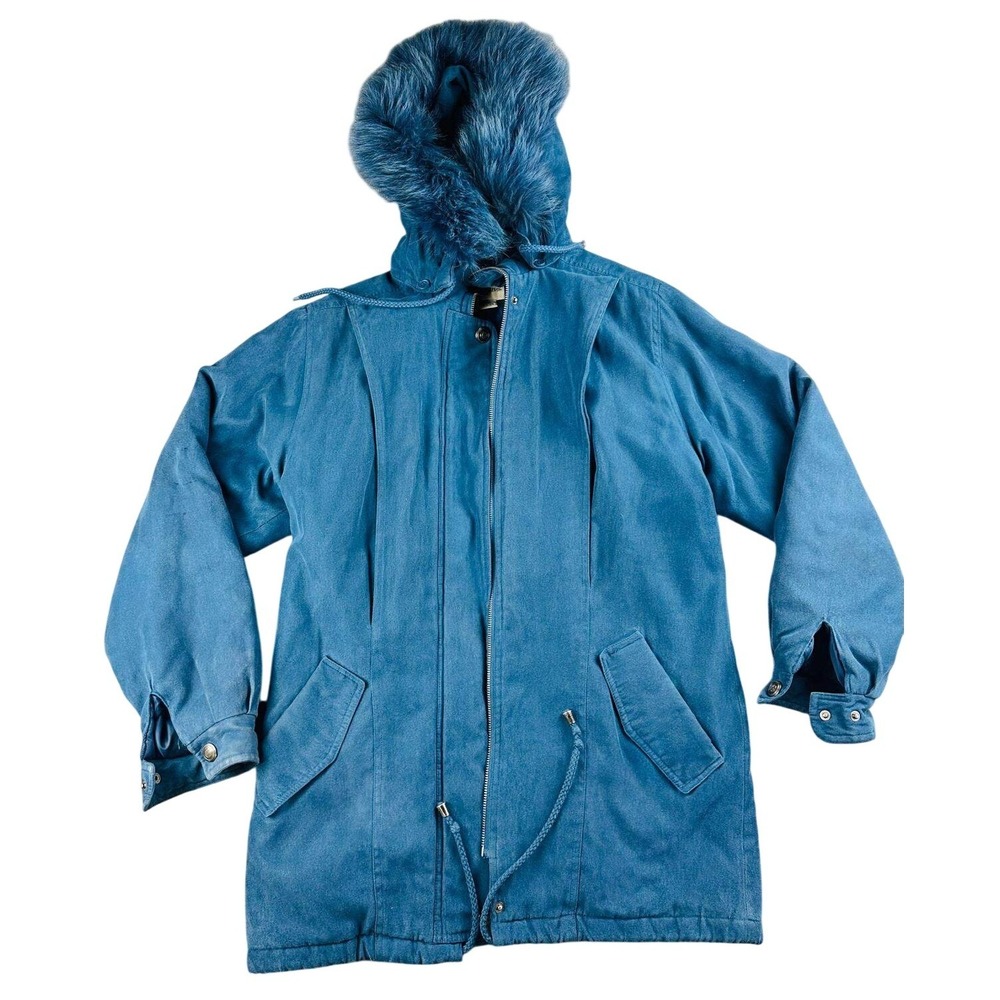 Y2K St. John's‎ Bay Jacket Women S Blue Fox Fur Trim Thermolite Insulated Hooded